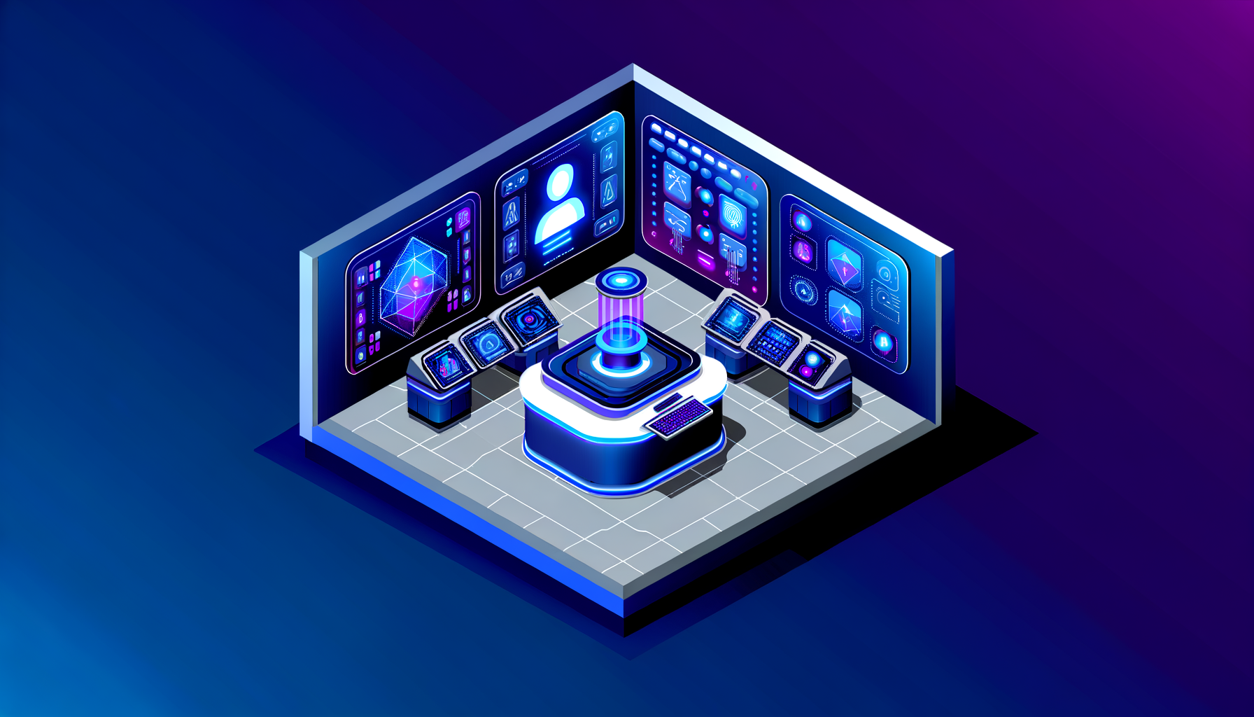 an isometric, high-tech dashboard in a futuristic control hub environment of an automated credit history verification system, using icons of a credit card, a shield, a checkmark, and a person, without any text or faces of people