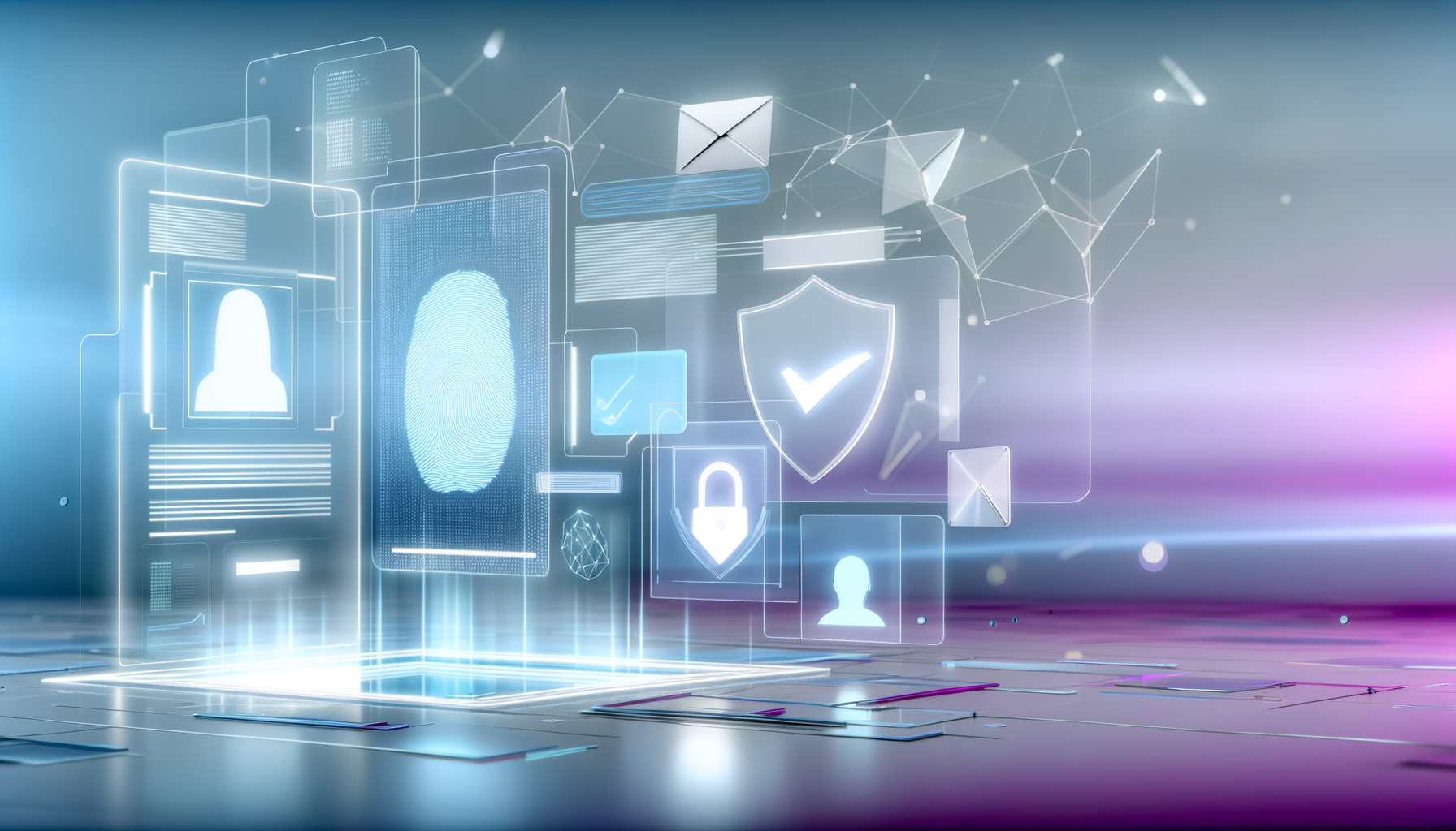 High fidelity wireframe of an identity card with overlay security check badges giving the impression of a high-tech security solution.