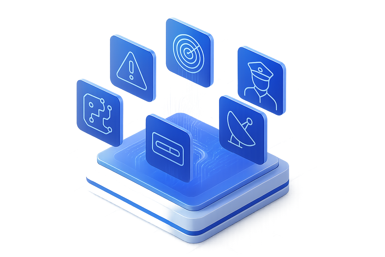 isometric view of a high-tech data processing system with holographic data streams connecting different hovering holographic tiles with high-fidelity wireframe illustrations of: warning sign, radar, circuit board, progress bar, satellite dish, and police officer, without any text or faces of people.