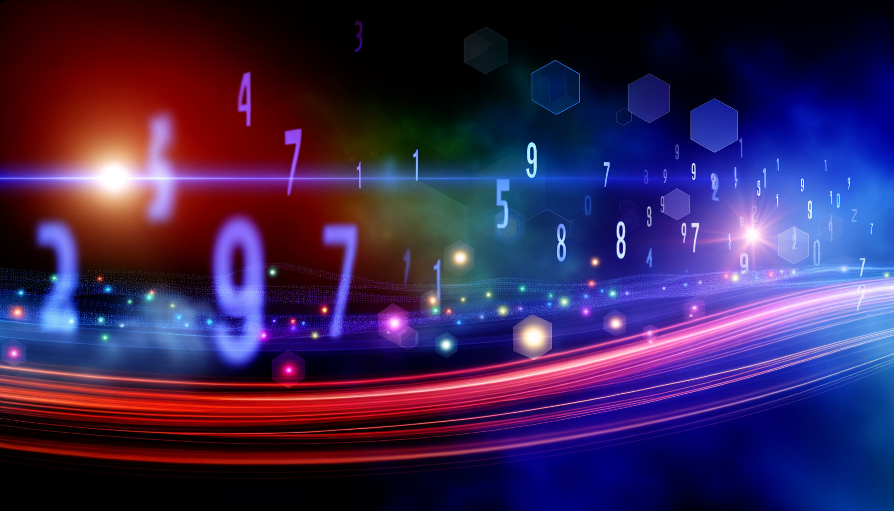 red-shifted effects of a fast moving object (the object is not visible, but the red-shifted rainbow effect is visible), with holographic single-digit numbers overlaying the image hinting this is a data stream