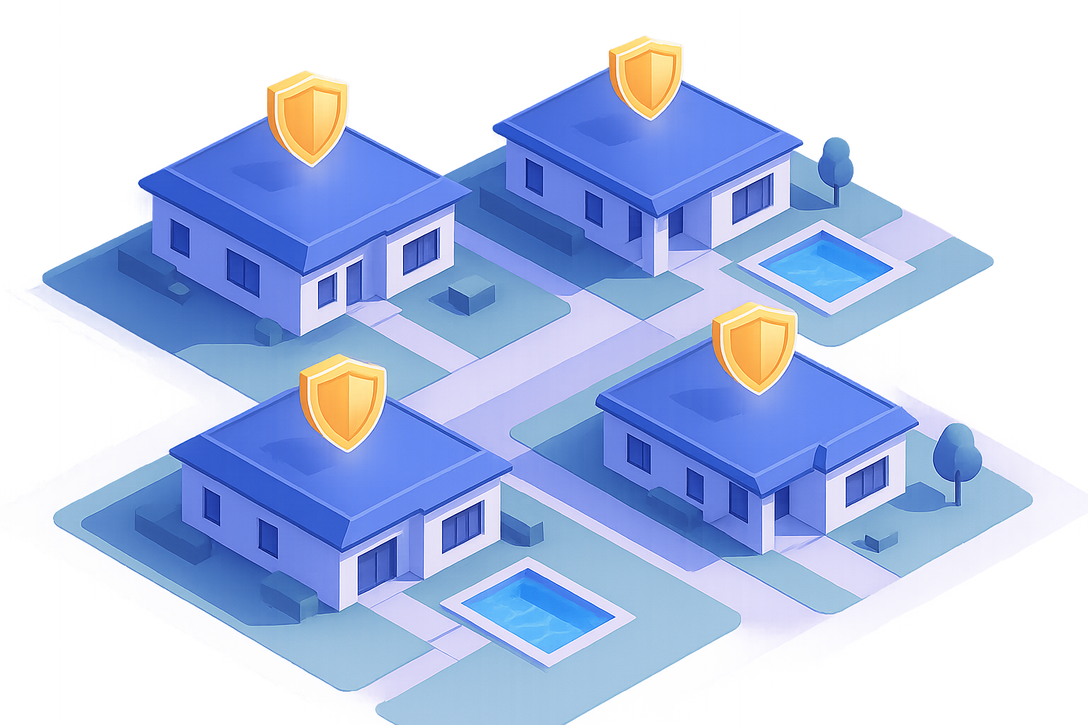 isometric view of a suburb in a warm sunny climate, with four single-story houses and lawns with pools, without any text or faces of people. An identical, small gold shield is visible above each house
