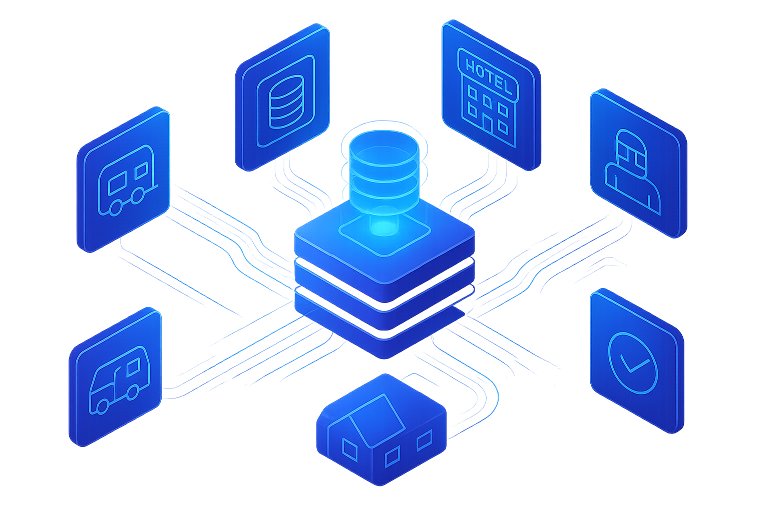 isometric view of a high-tech data processing system with holographic data streams connecting different hovering holographic tiles with high-fidelity wireframe illustrations of a database, hotel building, motel, single-story house, RV camper, a checkmark, and a person, without any text or faces of people.