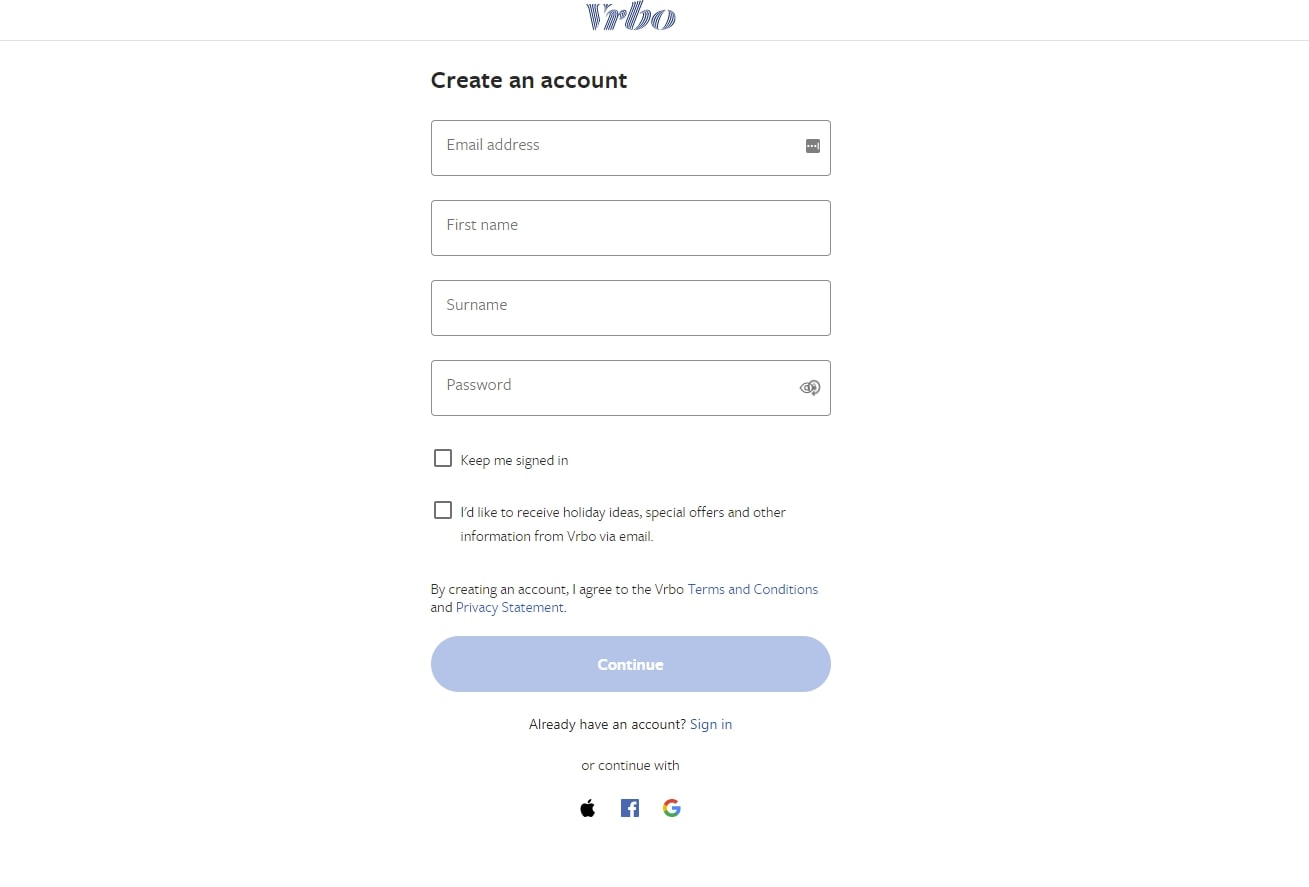 01 Autohost A screenshot of the Create an account page on Vrbo